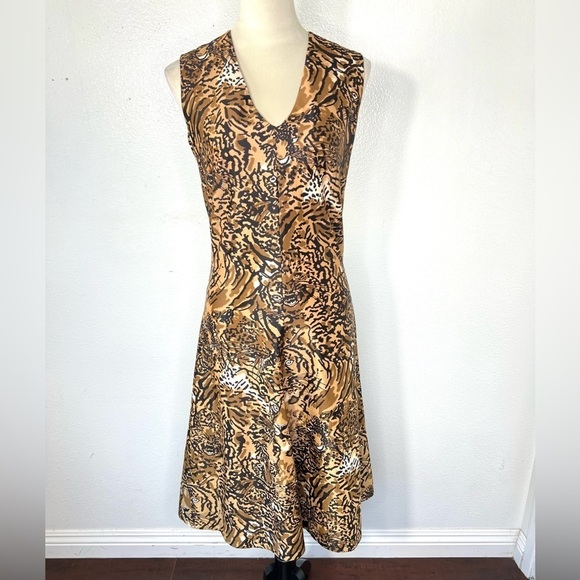 VINTAGE 1970s Animal Print Leopard Cat Face Print Midi Sleeveless Dress Vtg 70s - Picture 1 of 10